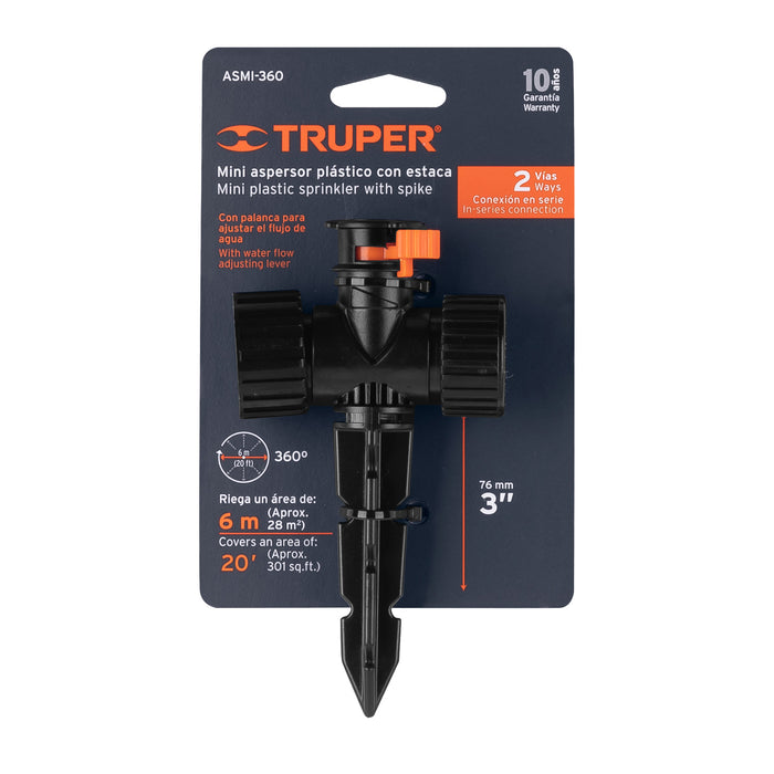 Mini aspersor plástico, dos vias, irrigacion 360°, Truper 12297 ASMI-360