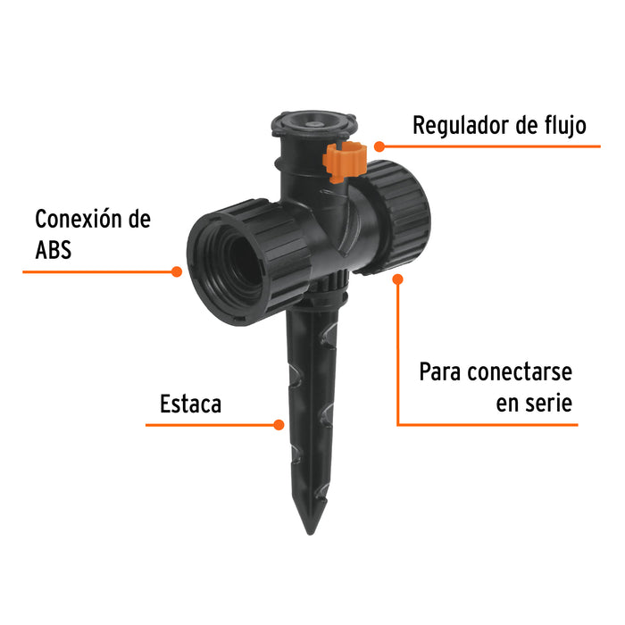 Mini aspersor plástico, dos vias, irrigacion 360°, Truper 12297 ASMI-360