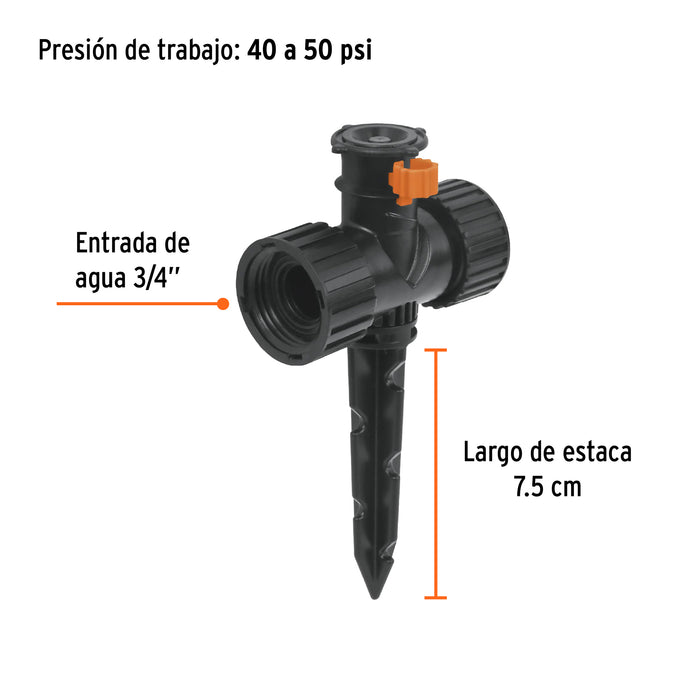 Mini aspersor plástico, dos vias, irrigacion 360°, Truper 12297 ASMI-360