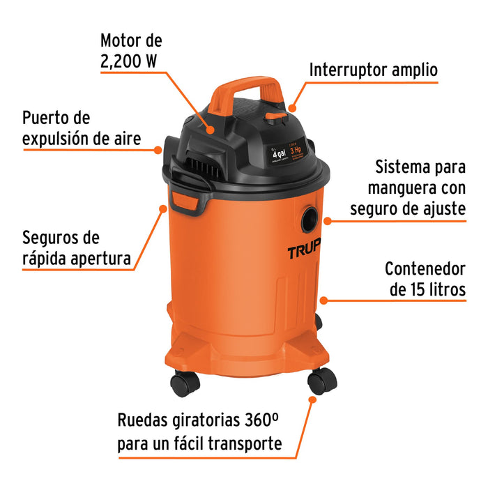 Aspiradora de sólidos y líquidos, 4 gal, plástica, Truper 101508 ASP-04