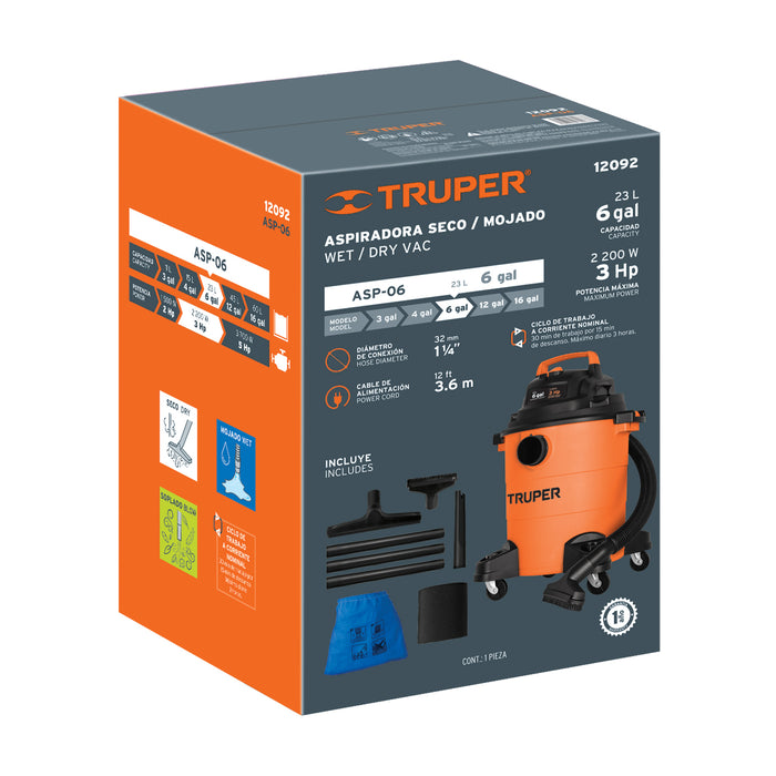 Aspiradora de sólidos y líquidos, 6 gal, plástica, Truper 12092 ASP-06