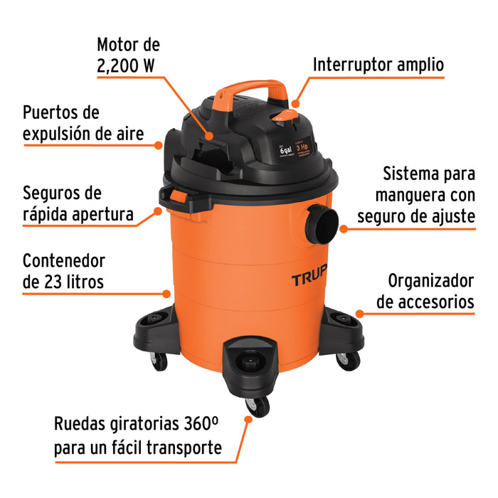 Aspiradora de sólidos y líquidos, 6 gal, plástica, Truper 12092 ASP-06