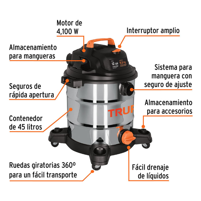Aspiradora de sólidos y líquidos, 12 gal, acero inox, Truper 101524 ASP-12X