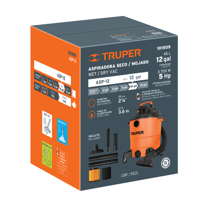 Aspiradora de sólidos y líquidos, 12 gal, plástica, Truper 101509 ASP-12
