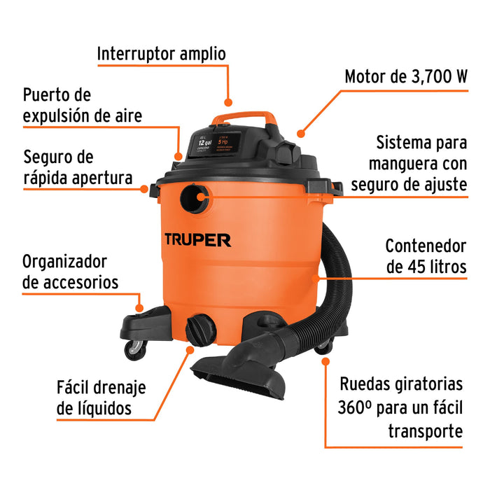 Aspiradora de sólidos y líquidos, 12 gal, plástica, Truper 101509 ASP-12