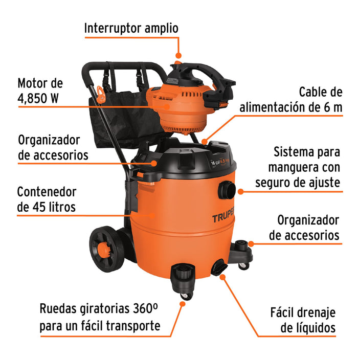 Aspiradora/sopladora de sólidos y líquidos, 16 gal, plástica 101522 ASP-16S