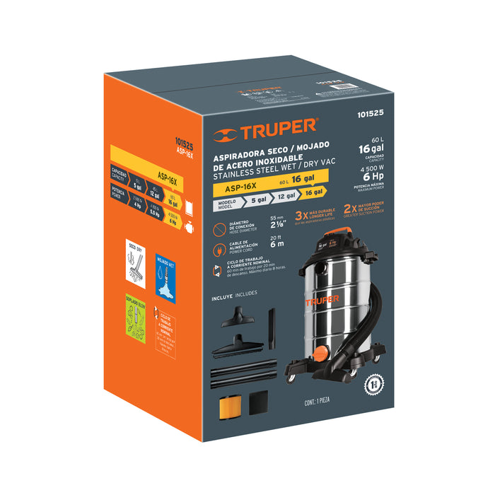 Aspiradora de sólidos y líquidos, 16 gal, acero inox, Truper 101525 ASP-16X