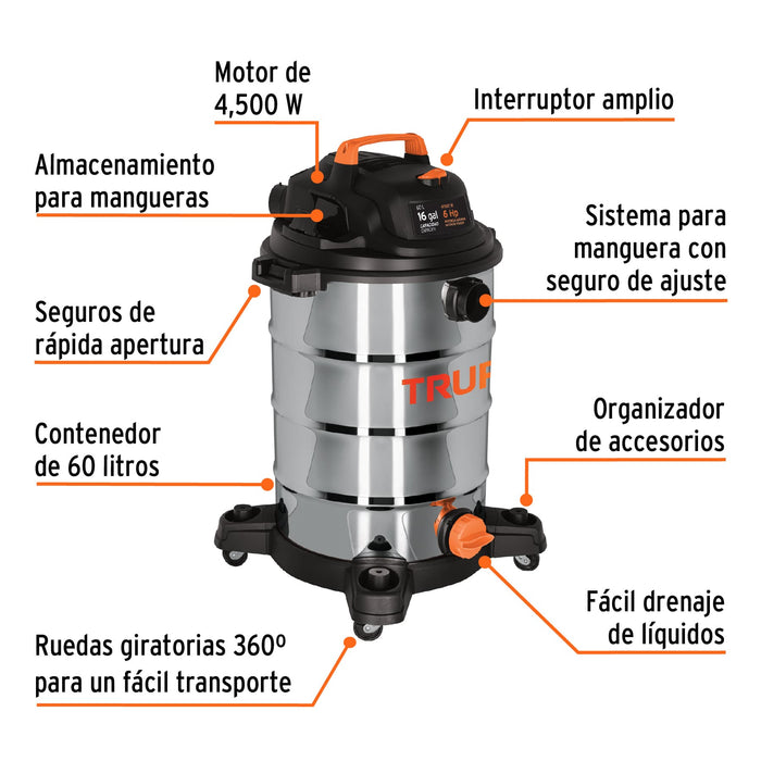 Aspiradora de sólidos y líquidos, 16 gal, acero inox, Truper 101525 ASP-16X