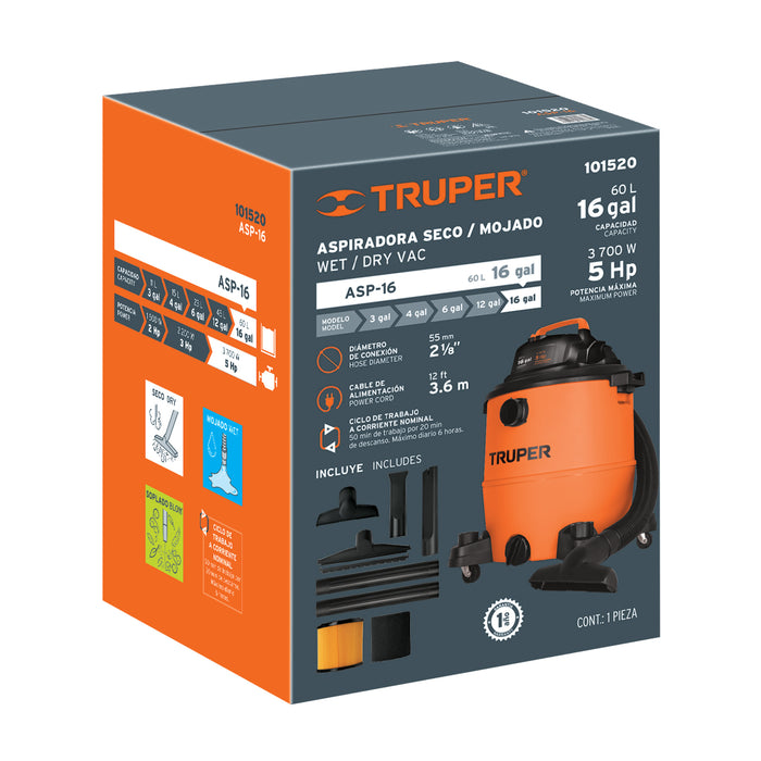 Aspiradora de sólidos y líquidos, 16 gal, plástica, Truper 101520 ASP-16