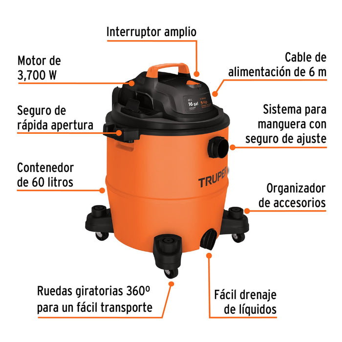 Aspiradora de sólidos y líquidos, 16 gal, plástica, Truper 101520 ASP-16