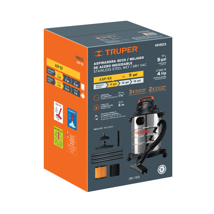 Aspiradora de sólidos y líquidos, 5 gal, acero inox, Truper 101523 ASP-5X