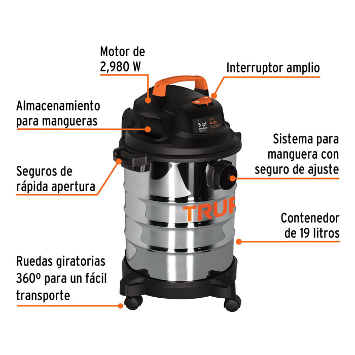 Aspiradora de sólidos y líquidos, 5 gal, acero inox, Truper 101523 ASP-5X