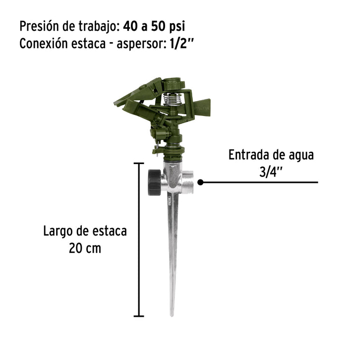 Aspersor plástico 11' dos vías estaca metálica verde, Pretul 20072 ASVE-11X