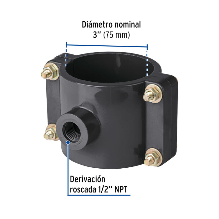Abrazadera para toma domiciliaria PP 3' x 1/2', Foset 40714 ATD-3