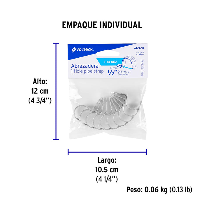 Bolsa con 10 abrazaderas 1/2' tipo uña para tubo, Volteck 46920