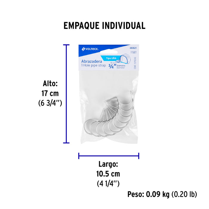 Bolsa con 10 abrazaderas 3/4' tipo uña para tubo, Volteck 46921