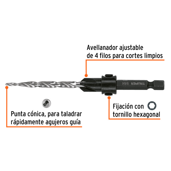 Broca avellanadora #10 para madera, 3/16', Truper Código: 102377