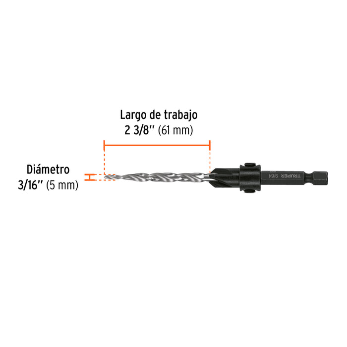 Broca avellanadora #10 para madera, 3/16', Truper Código: 102377