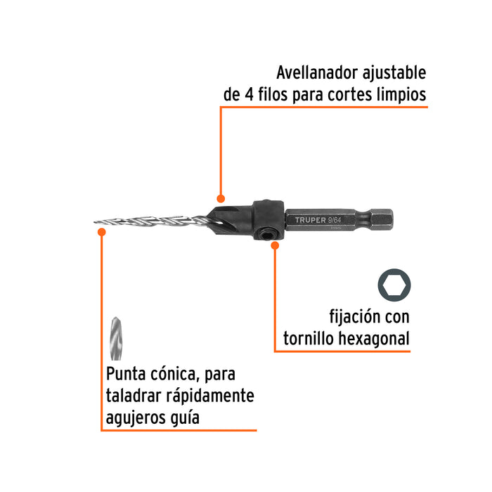 Broca avellanadora #6 para madera, 9/64', Truper Código: 102375