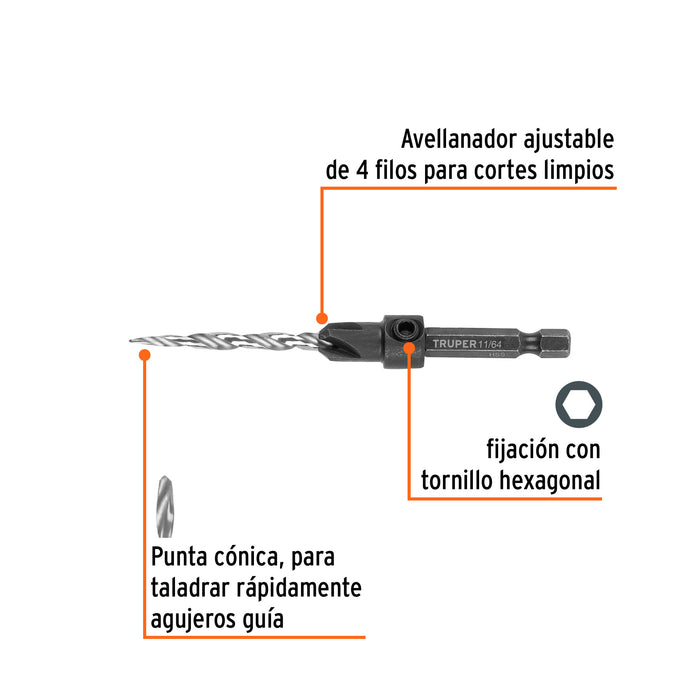 Broca avellanadora #8 para madera, 11/64', Truper Código: 102376
