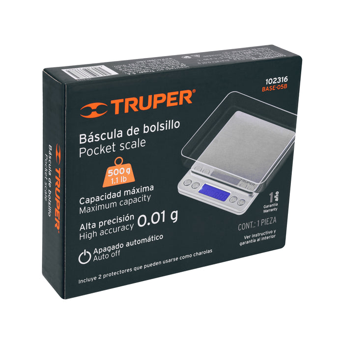 Báscula electrónica de precisión, de bolsillo, 500 g, Truper 102316 BASE-05B
