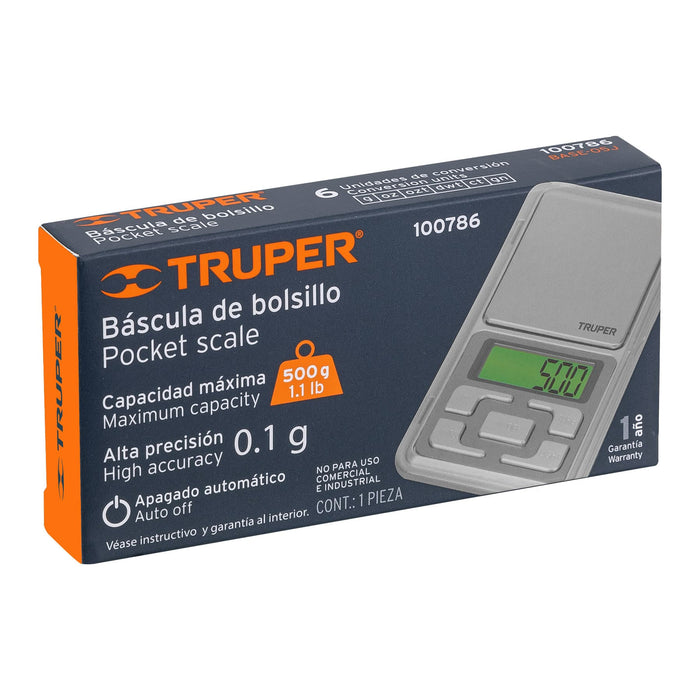 Báscula electrónica de bolsillo, de pilas, 500 g, Truper 100786 BASE-05J