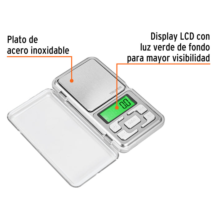 Báscula electrónica de bolsillo, de pilas, 500 g, Truper 100786 BASE-05J
