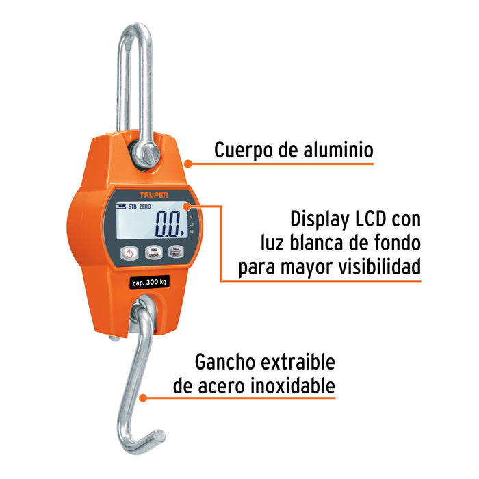 Báscula electrónica colgante, de pilas, 300 kg, Truper 100788 BASE-300C