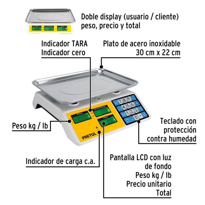 Báscula electrónica multifunciones 30 kg, Pretul 27119 BASE-30P