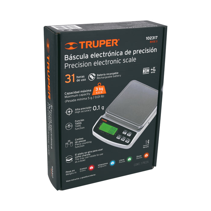 Báscula electrónica de precisión, recargable, 3 kg, Truper 102317 BASE-3