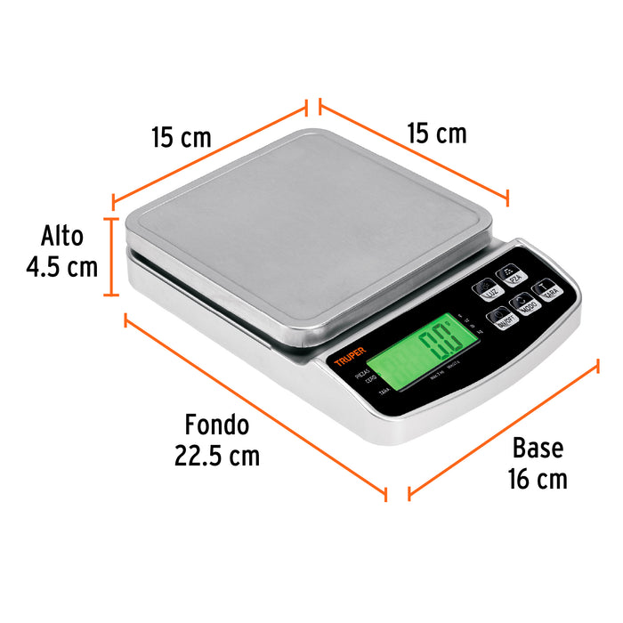 Báscula electrónica de precisión, recargable, 3 kg, Truper 102317 BASE-3