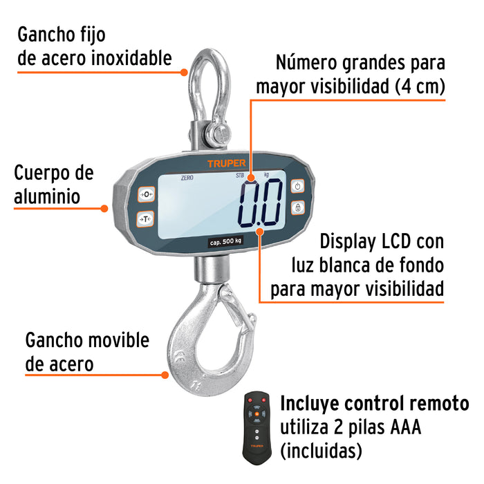Báscula electrónica colgante, recargable, 500 kg, Truper 102543 BASE-500C