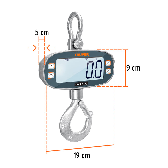 Báscula electrónica colgante, recargable, 500 kg, Truper 102543 BASE-500C