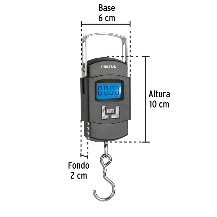 Báscula electrónica colgante, de pilas, 50 kg, Pretul 28180 BASE-50CP