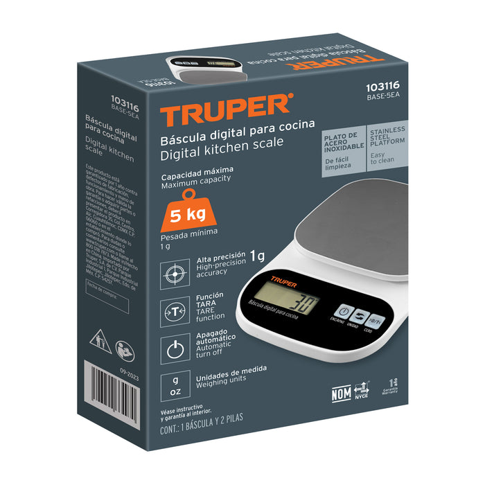 Báscula digital para cocina, plato de acero inox,5kg, Truper 103116 BASE-5EA