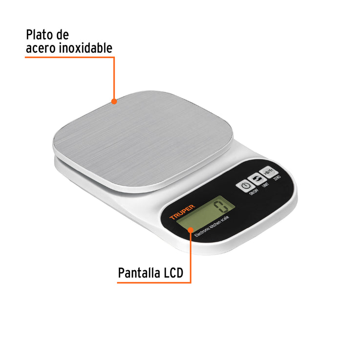 Báscula digital para cocina, plato de acero inox,5kg, Truper 103116 BASE-5EA