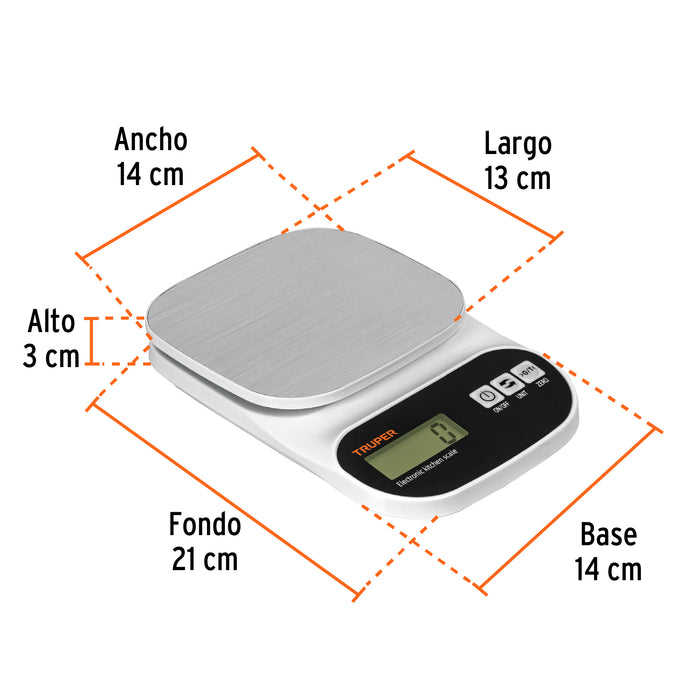 Báscula digital para cocina, plato de acero inox,5kg, Truper 103116 BASE-5EA