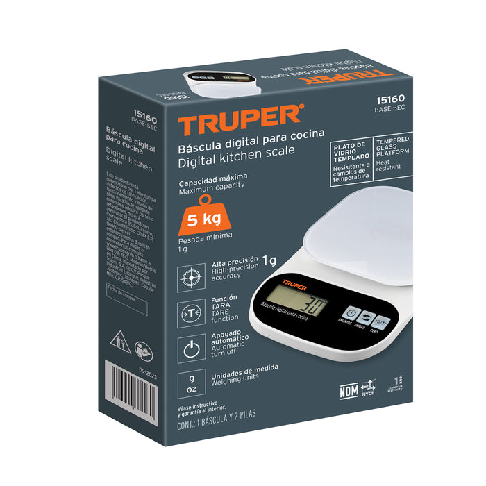 Báscula digital para cocina, plato de vidrio, 5 kg, Truper 15160 BASE-5EC