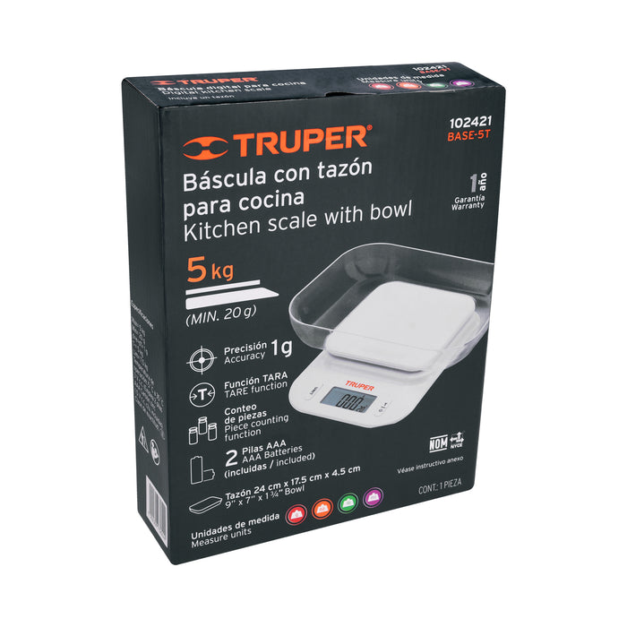 Báscula digital para cocina, con tazón, 5 kg, Truper 102421 BASE-5T