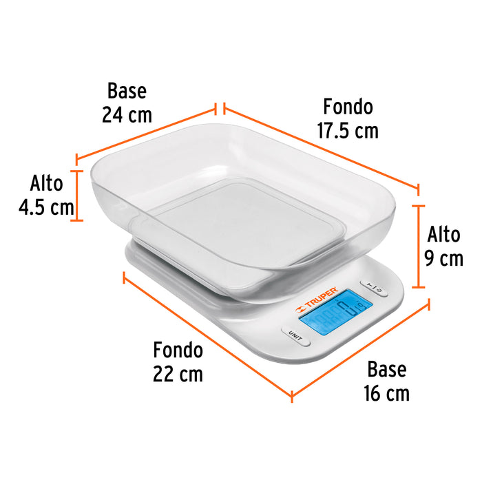 Báscula digital para cocina, con tazón, 5 kg, Truper 102421 BASE-5T