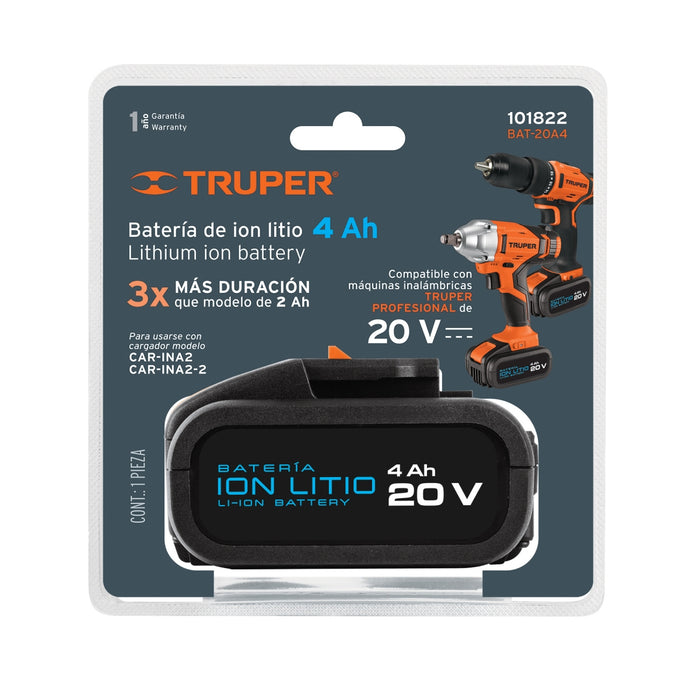 Batería ión Litio 20 V, 4 Ah, Truper 101822 BAT-20A4