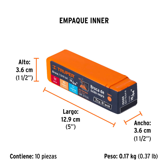 Broca HSS 15/64' Trublack para metal, Truper Código: 15089