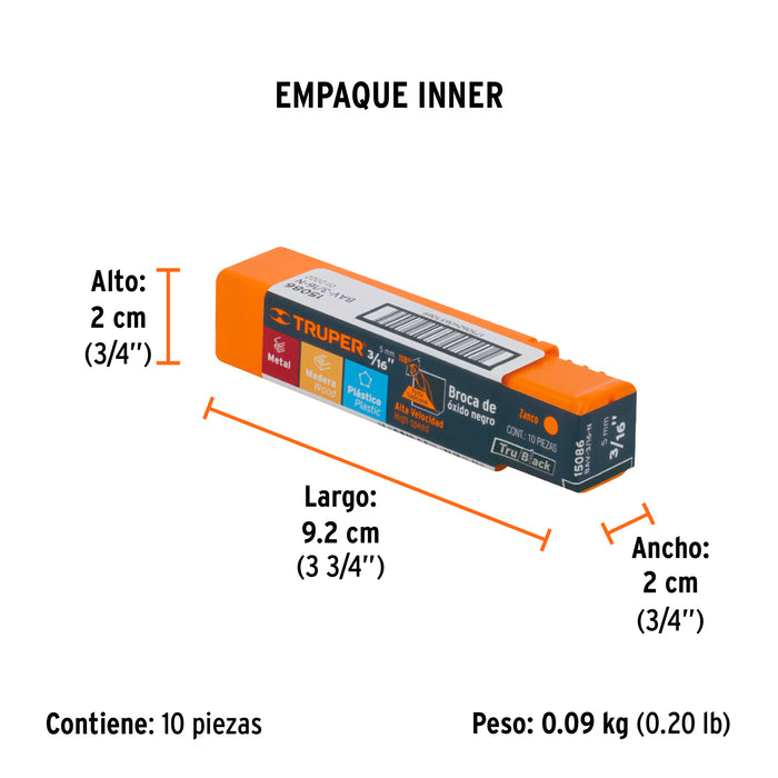 Broca HSS 3/16' Trublack para metal, Truper Código: 15086
