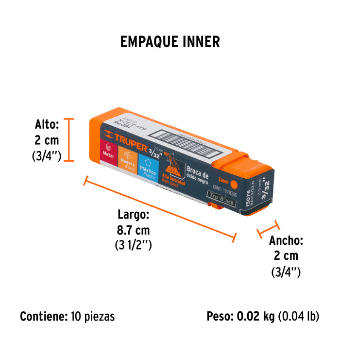 Broca HSS 3/32' Trublack para metal, Truper Código: 15076