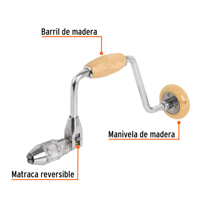 Berbiquí profesional 12' perilla de madera, Truper 10970 BC-12M