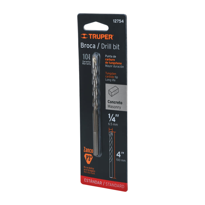Broca para concreto de 1/4 x 4' en blíster, Truper Código: 12754