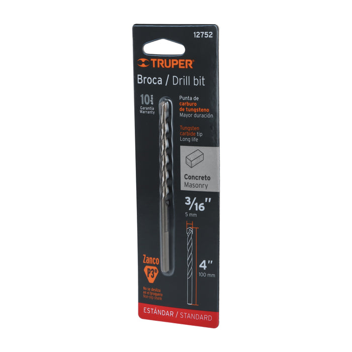 Broca para concreto de 3/16 x 4' en blíster, Truper Código: 12752
