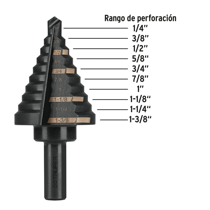Broca escalonada óxido negro 10escalones 1/4 a 1-3/8',Truper 12126 BES-10