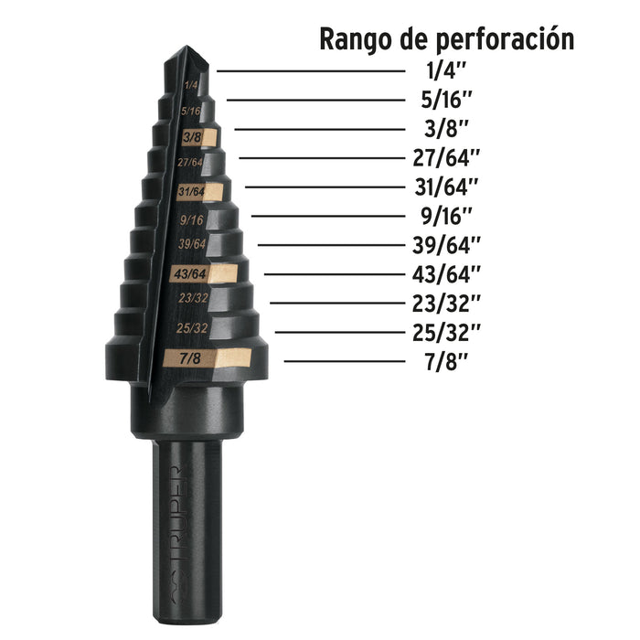 Broca escalonada óxido negro 11 escalones 1/4' a 7/8',Truper 101457 BES-11