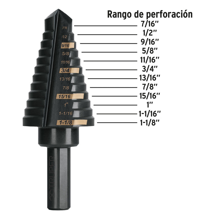 Broca escalonada óxido negro 12escalones 7/16 a 1-1/8,Truper 101458 BES-12A